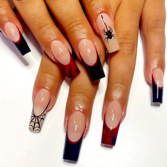 🖤🎃🕸 NEW Luxury Coffin Long Nails - Halloween Fall Spider Red Black  🕷️👻🖤 - Picture 1 of 4